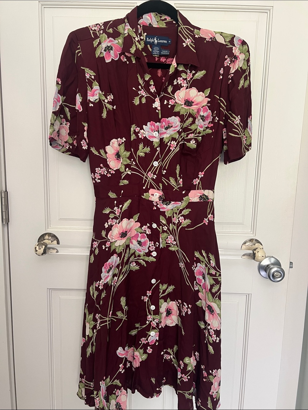 Vintage  80's Ralph Lauren Burgundy Floral Button-Down Day Dress